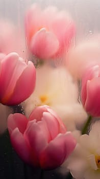 Background of blooming flowers in front of glass with water drops.