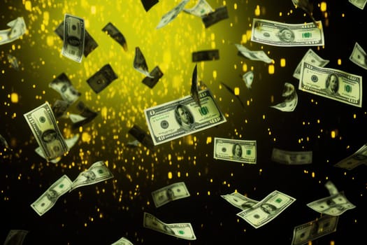 dollar bills falling with colorful background.