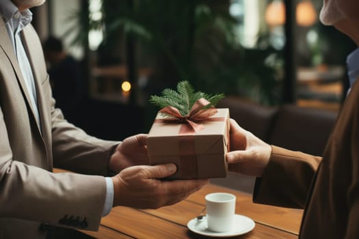 Close-up view of hands Giving a business gift in an office.