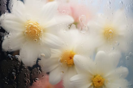 Background of blooming flowers in front of glass with water drops.