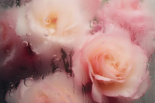 Background of blooming flowers in front of glass with water drops.