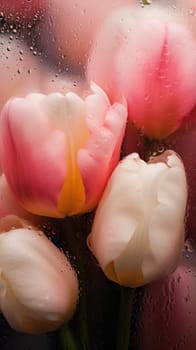 Background of blooming flowers in front of glass with water drops.