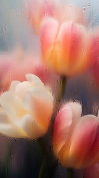 Background of blooming flowers in front of glass with water drops.