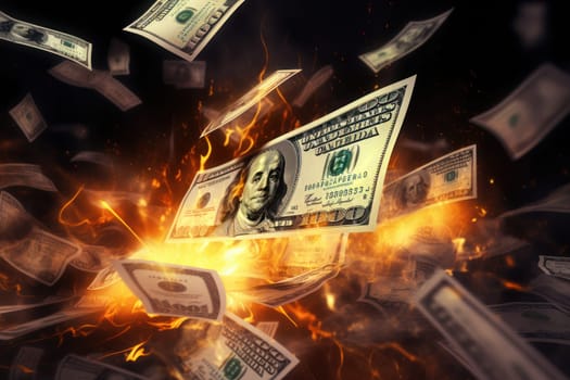 dollar bills falling with colorful background.