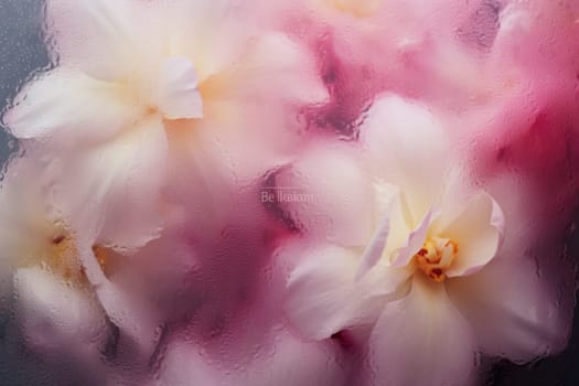 Background of blooming flowers in front of glass with water drops.