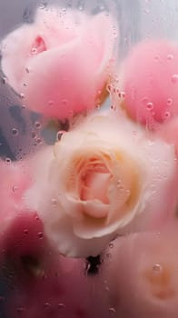 Background of blooming flowers in front of glass with water drops.