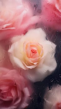 Background of blooming flowers in front of glass with water drops.