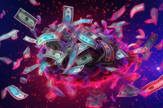 dollar bills falling with colorful background.