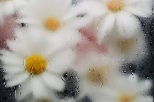 Background of blooming flowers in front of glass with water drops.