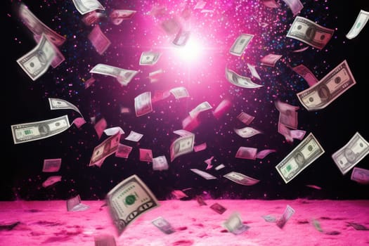 dollar bills falling with colorful background.