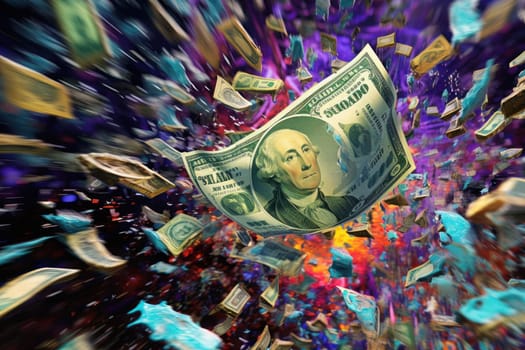 dollar bills falling with colorful background.