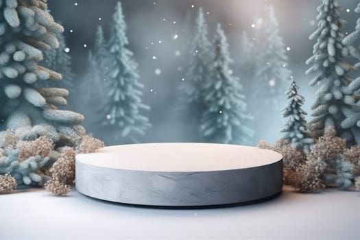 Minimal podium mockup on winter background.