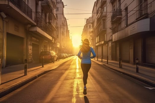 The back view of a woman running in the morning in the city streets.