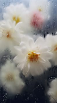 Background of blooming flowers in front of glass with water drops.