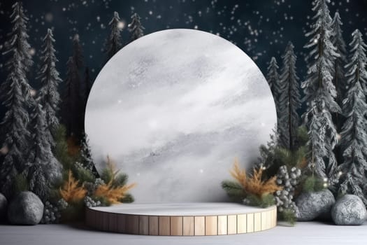 Minimal podium mockup on winter background.