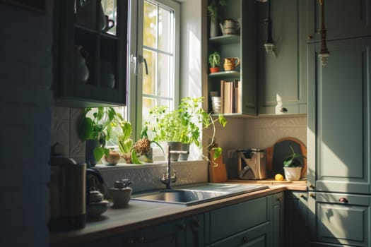 Photo of A compact kitchen cabinetry and a window above the sink area letting in daylight.
