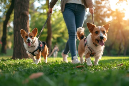 Close up shot of two dogs on leashes walking with owner.