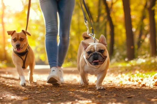 Close up shot of two dogs on leashes walking with owner.