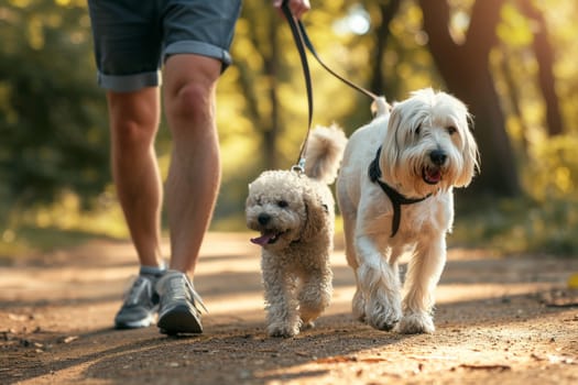 Close up shot of two dogs on leashes walking with owner.