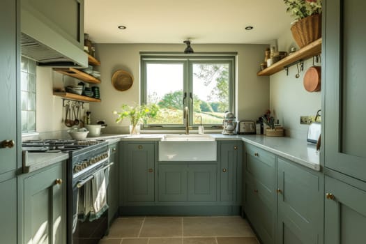 Photo of A compact kitchen cabinetry and a window above the sink area letting in daylight.