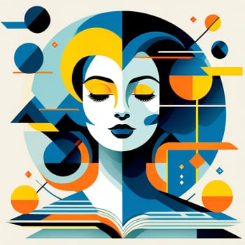 Abstract portrait collage of young woman deep in meditation. Bauhaus inspired. AI generated.