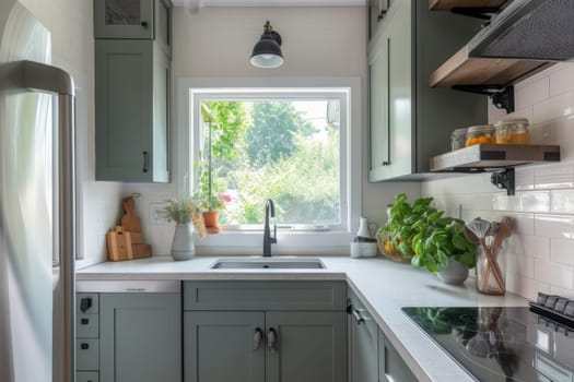 Photo of A compact kitchen cabinetry and a window above the sink area letting in daylight.