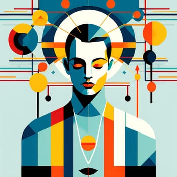 Abstract portrait collage of young woman deep in meditation. Bauhaus inspired. AI generated.