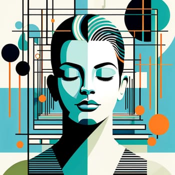 Abstract portrait collage of young woman deep in meditation. Bauhaus inspired. AI generated.