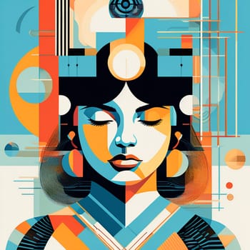 Abstract portrait collage of young woman deep in meditation. Bauhaus inspired. AI generated.