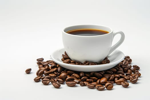 Hot coffee in white cup with coffee beans. white background. generate ai.