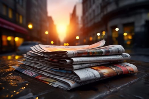 Pile of newspapers on blur background. Generative AI.