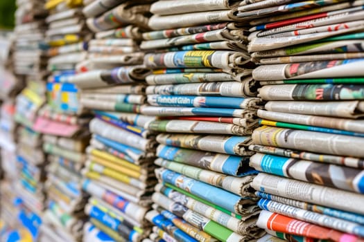 Pile of newspapers on blur background. Generative AI.