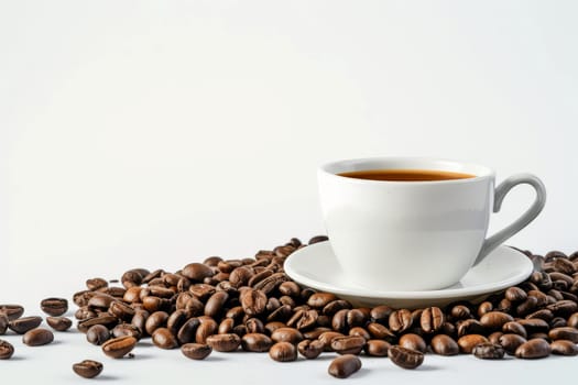 Hot coffee in white cup with coffee beans. white background. generate ai.