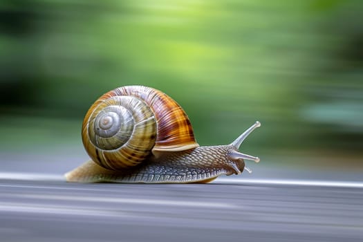 A snail that fast runs in blur background .generative AI.
