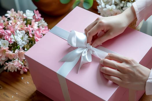 Woman packaging a gift for posting tying a pink ribbon around a giftwrapped box. Generated ai.