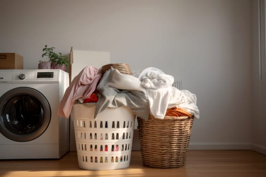 Laundry basket on blurred background of modern washing machine, Basket with dirty clothes in laundry room, generative ai.