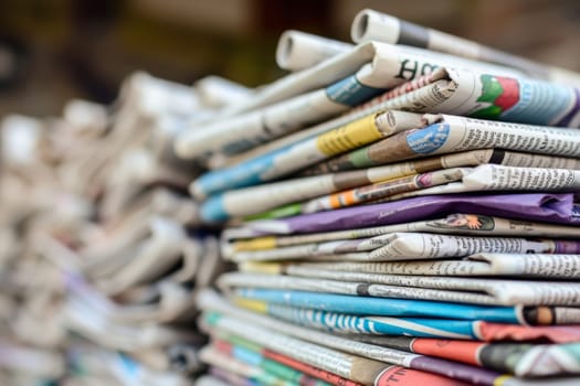 Pile of newspapers on blur background. Generative AI.