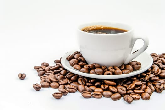 Hot coffee in white cup with coffee beans. white background. generate ai.