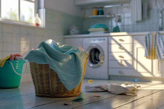 Laundry basket on blurred background of modern washing machine, Basket with dirty clothes in laundry room, generative ai.