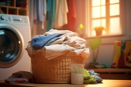Laundry basket on blurred background of modern washing machine, Basket with dirty clothes in laundry room, generative ai.