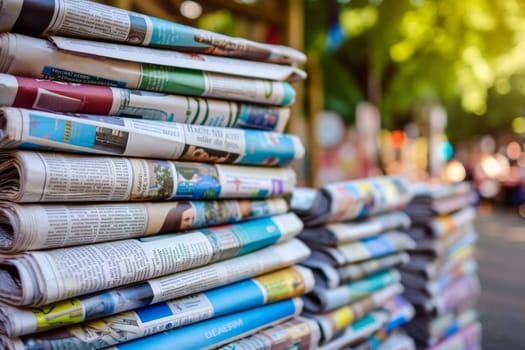 Pile of newspapers on blur background. Generative AI.