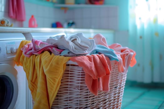 Laundry basket on blurred background of modern washing machine, Basket with dirty clothes in laundry room, generative ai.