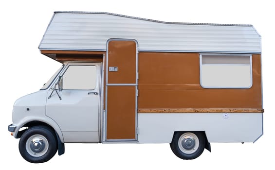 Isolated Vintage Retro Brown Motorhome (Or RV Or Campervan) On A White Background