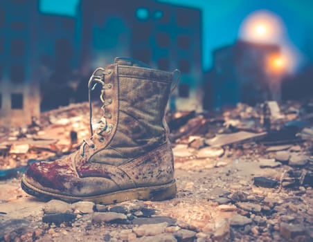 Dirty And Bloody Army Boot In A Ruined War Zone City At Night