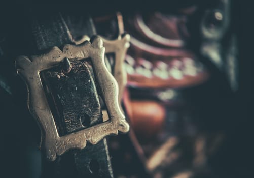 Detail Of A Buckle On A Vintage American Western Horse Saddle