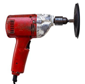 An Isolated Vintage Electric Drill With Sanding Disk On A White Background