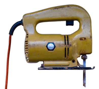 An Isolated Vintage Electric Jigsaw Power Tool On A White Background