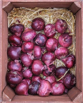 A Box Of Organic Red Onions At A Market