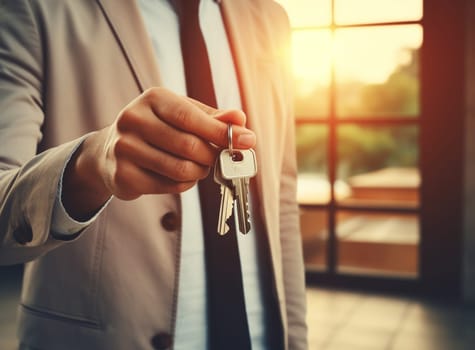 House keys in hands of businessman. Real estate concept, selective focus. High quality photo