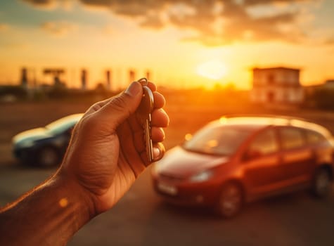 Man holding car keys with car on background. High quality photo